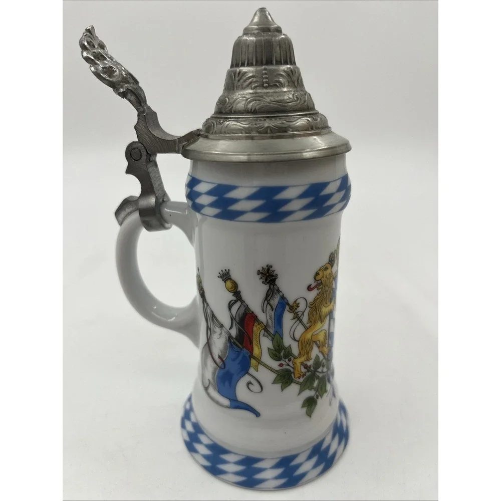 Vintage Kuhr Muhlried German Porcelain Beer Stein Pewter Lid Bavarian Lion Blue